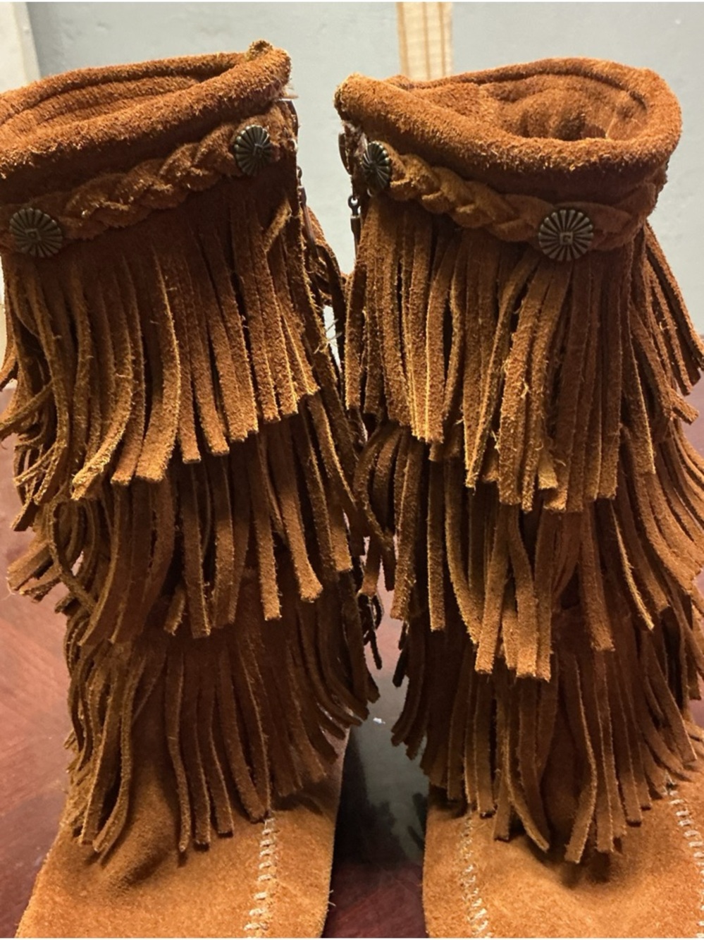 Minnetonka Brown Suede Fringe 3 layer Moccasin Boots Sz 7. 1077 - Picture 4 of 15